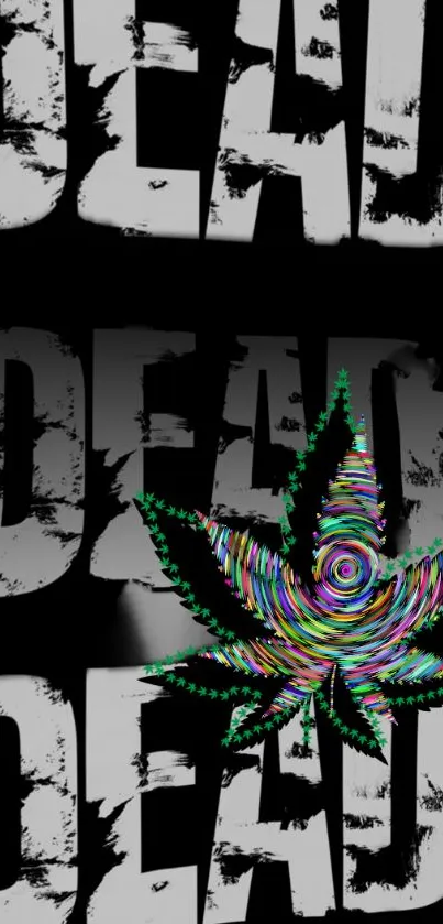 Psychedelic leaf on bold 'DEAD' text wallpaper in black and white.