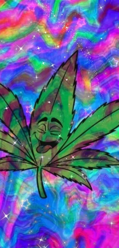 Psychedelic cartoon leaf on colorful background wallpaper.