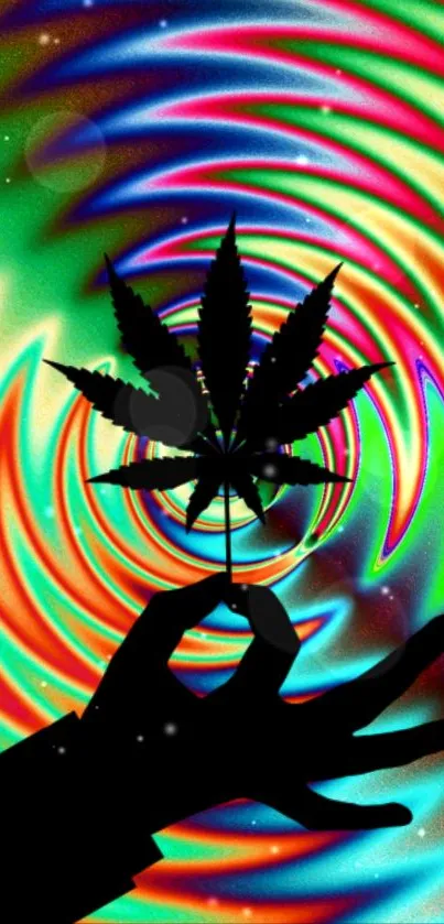 Silhouetted cannabis leaf with psychedelic spirals background.