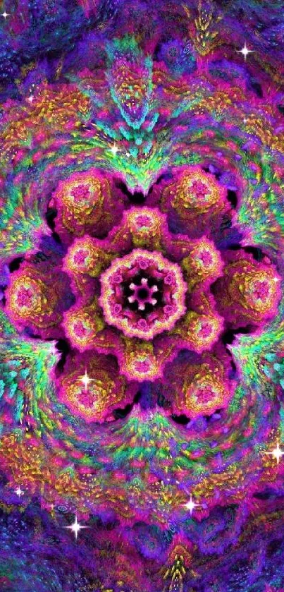 Colorful psychedelic mandala wallpaper with purple, pink, and green patterns.