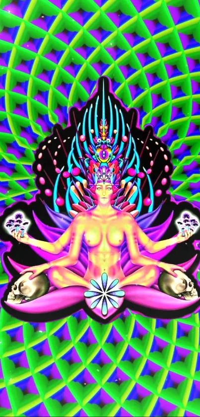 Vibrant psychedelic meditation art wallpaper with mystical patterns.