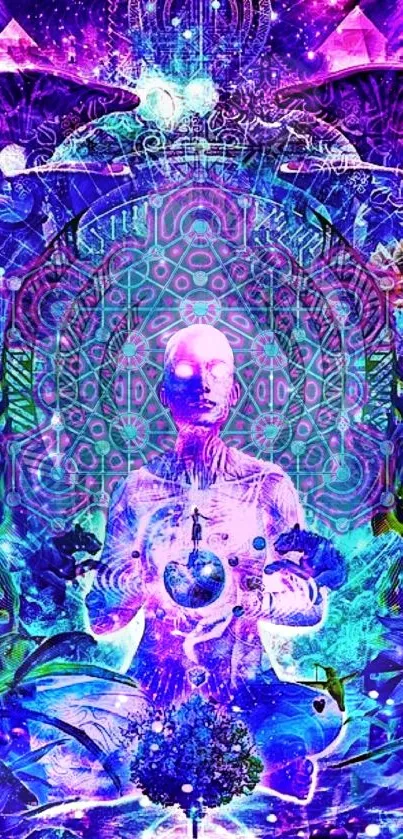 Vibrant psychedelic art wallpaper with meditation theme and spiritual design.