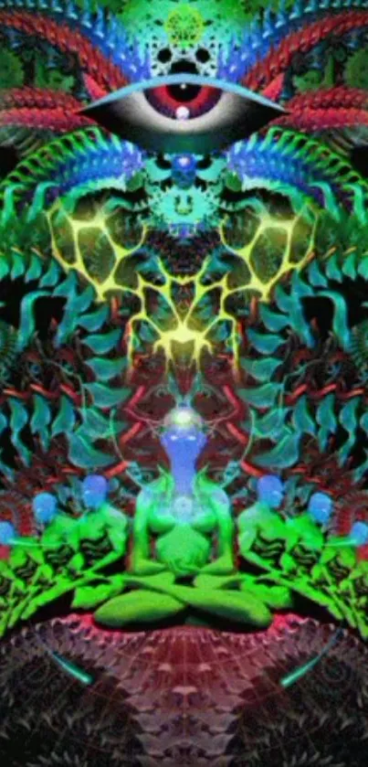 Vibrant psychedelic art wallpaper with surreal meditation imagery.