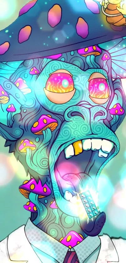 Psychedelic monkey with neon colors, mushrooms, and vibrant art design.