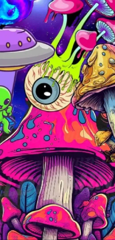 Colorful psychedelic scene with mushrooms and alien.