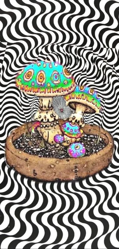 Psychedelic mushroom art with optical illusion background in black and white.