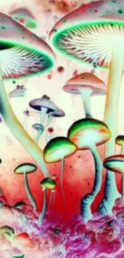 Psychedelic mushroom art with vibrant colors on a mobile wallpaper.