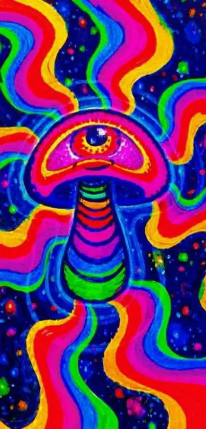 Psychedelic mushroom with colorful neon waves on navy background.