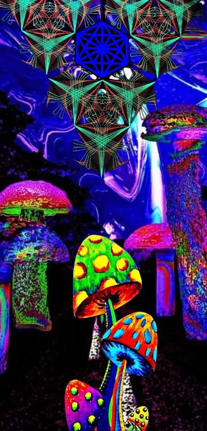 Psychedelic mushroom art with neon colors and geometric patterns.