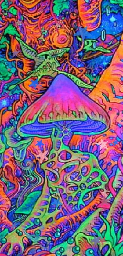 Psychedelic mushroom art with vibrant pink and green hues on mobile wallpaper.