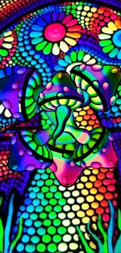 Vibrant psychedelic mushroom art with multicolor design for phone wallpaper.