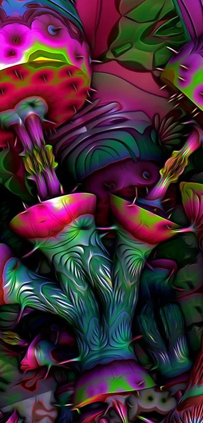 Vibrant psychedelic mushroom wallpaper with neon pink and green hues.