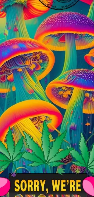 Vibrant psychedelic mushrooms wallpaper with electric blue background and colorful details.