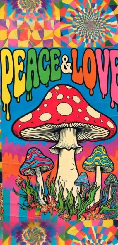Psychedelic wallpaper with mushrooms and 'Peace & Love' text