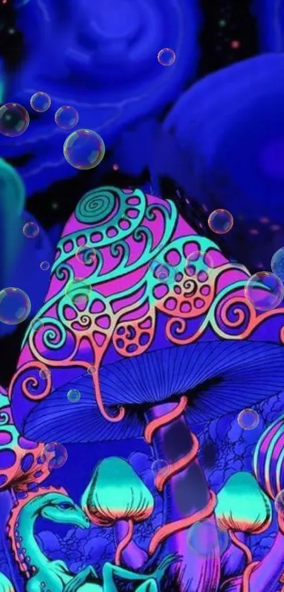 Vibrant psychedelic mushroom and lizard wallpaper with neon hues.