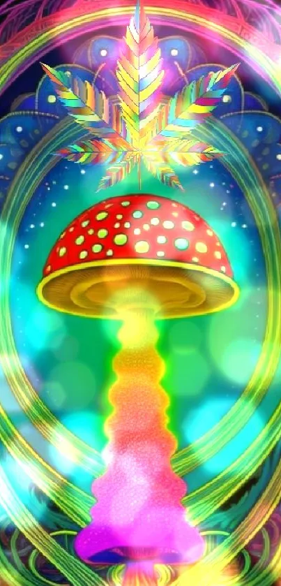 Psychedelic mushroom with cannabis leaf art wallpaper in vibrant colors.