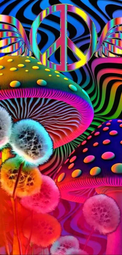 Vibrant psychedelic wallpaper with mushrooms and a peace symbol.