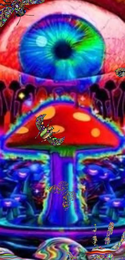 Vibrant psychedelic mushroom with eye and colorful butterflies.
