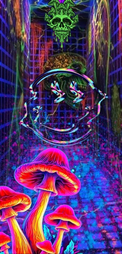 Vibrant psychedelic mushroom wallpaper with neon colors and abstract design.