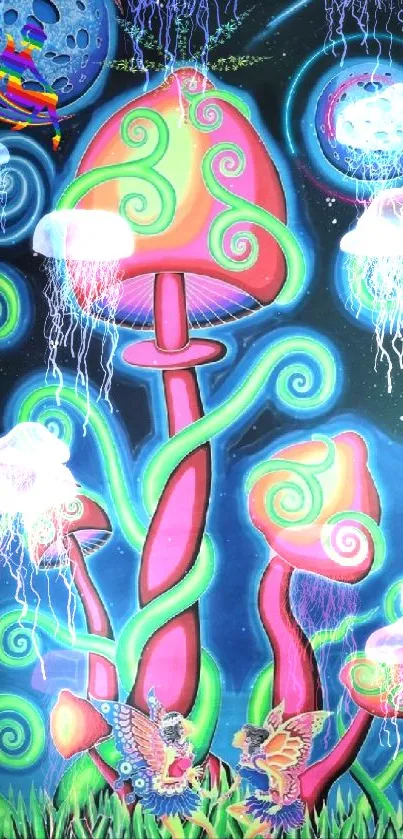 Vibrant psychedelic mushroom art with cosmic elements.