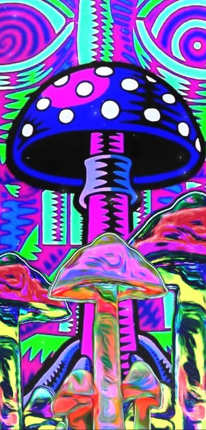 Vibrant psychedelic mushroom art with neon colors and abstract patterns.