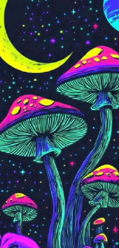 Colorful psychedelic mushrooms under a starry sky.