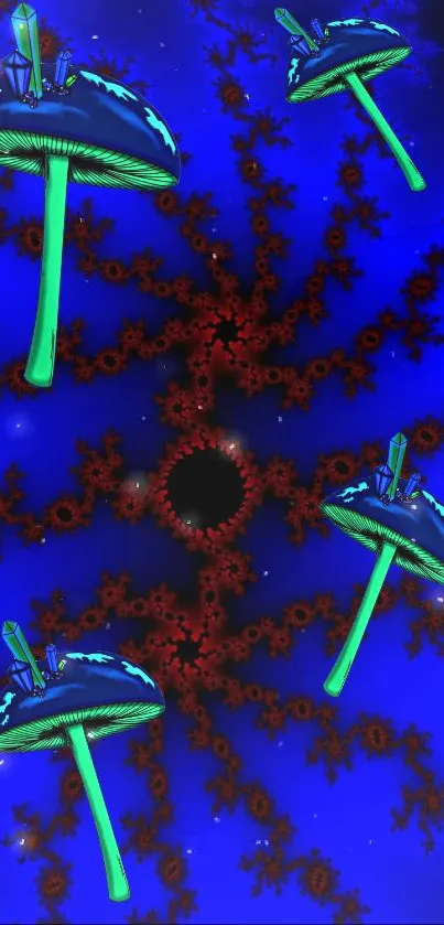 Psychedelic mushrooms with cosmic blue and red patterns for mobile wallpaper.