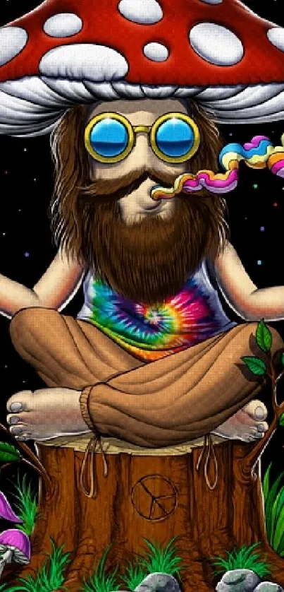 Psychedelic art of a hippie meditating under a mushroom.