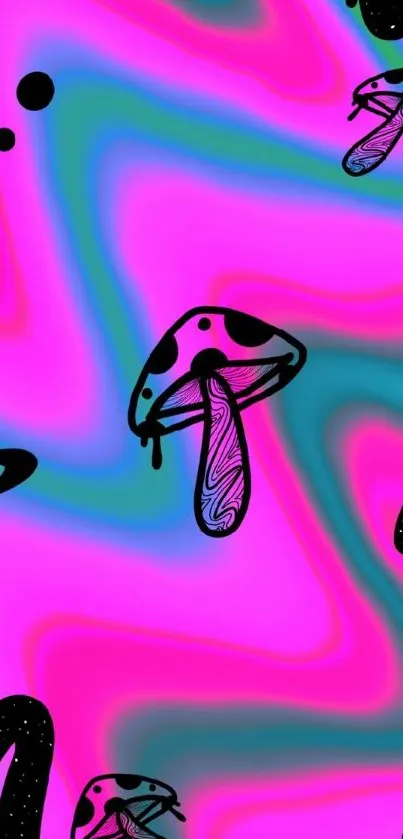 Psychedelic mushroom wallpaper with neon pink and blue swirls.