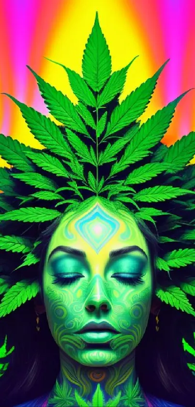 Vibrant psychedelic art with cannabis leaf crown on serene face.