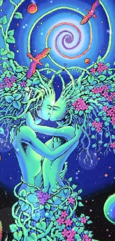 Surreal psychedelic nature embrace in vibrant blues and greens.