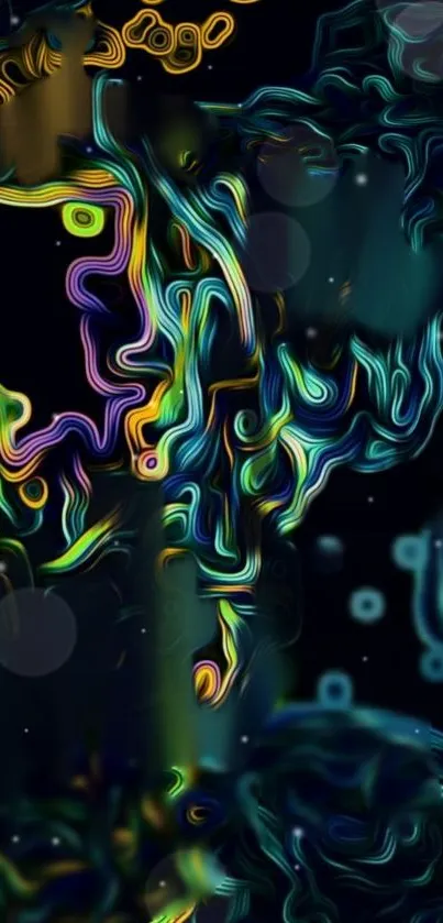 Psychedelic neon abstract wallpaper with vibrant swirling colors.