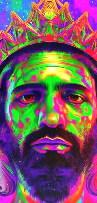 Psychedelic neon art portrait with crown, vibrant colors.