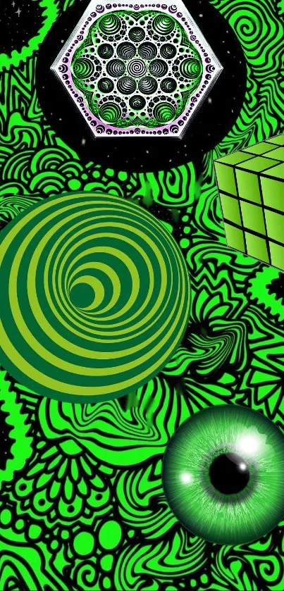 Neon green psychedelic wallpaper with geometric shapes and abstract eye.