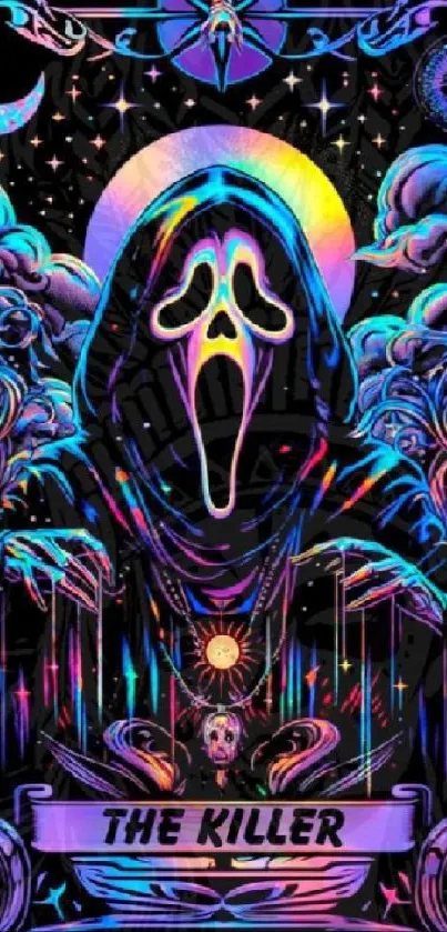 Psychedelic neon horror art with ghostly figure.