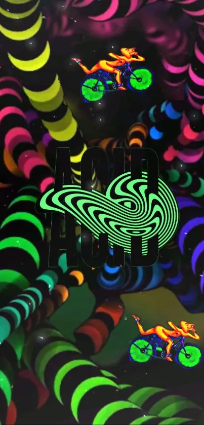 Vibrant psychedelic wallpaper with neon spirals and abstract bike.