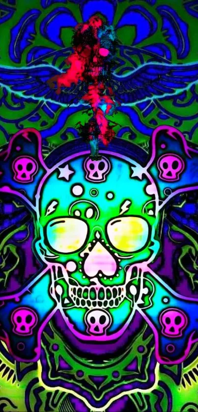 Psychedelic neon skull artwork with vibrant colors and intricate designs.