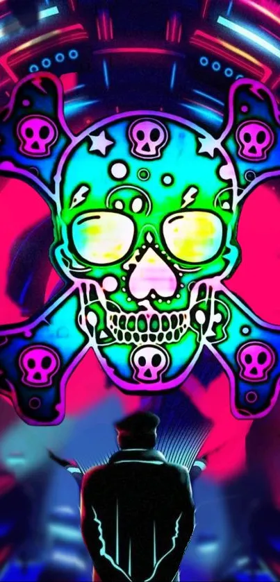 Psychedelic neon skull art with vibrant colors and futuristic elements.