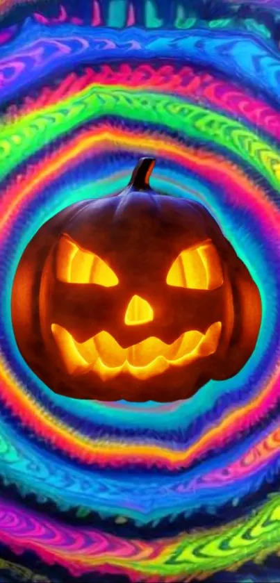 A neon pumpkin in a psychedelic spiral background.