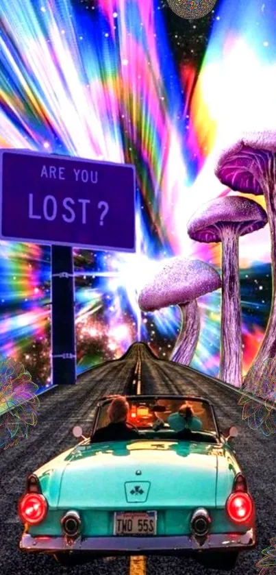 Psychedelic road with mushrooms and retro car in vibrant colors.