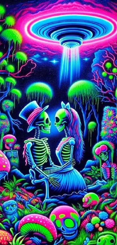 Psychedelic skeletons in neon forest art wallpaper.