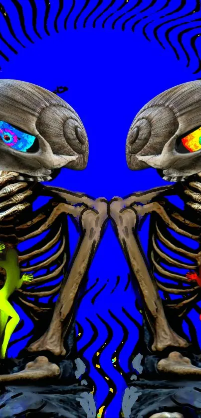 Dual skeletons with psychedelic swirls in a blue abstract design.