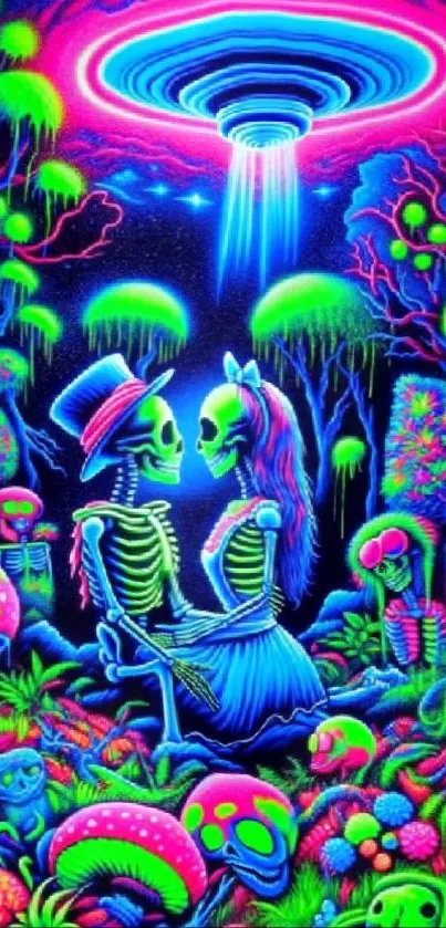 Vibrant neon psychedelic skeleton art with UFO and colorful mushrooms.