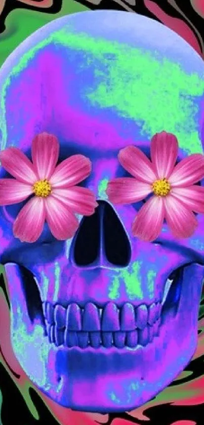 Psychedelic skull art wallpaper with neon colors and floral accents.