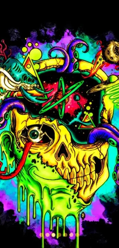 Psychedelic skull with neon colors on black background art.