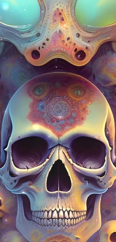 Psychedelic skull with vibrant colors, perfect for a unique wallpaper design.
