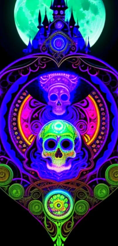 Psychedelic neon skull artwork with moonlit castle.