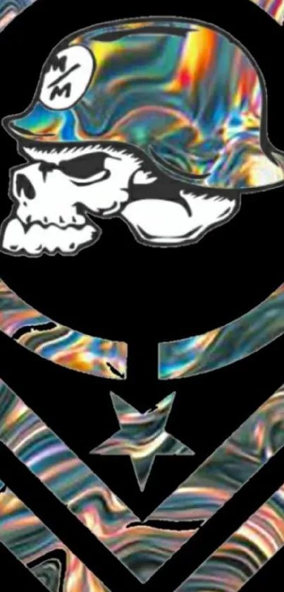 Vibrant skull with marbled helmet on dark background, perfect for phone wallpaper.