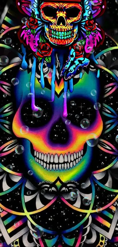 Vibrant psychedelic skull wallpaper with neon colors and artistic details.