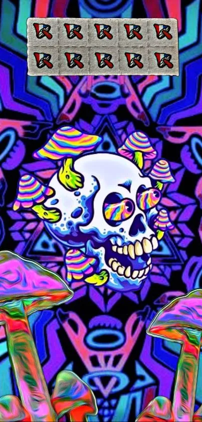 Psychedelic skull artwork with vibrant colors and mushrooms.